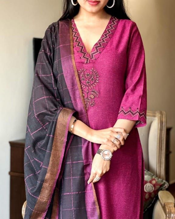 Pink and Black Khadi Cotton Kurta set