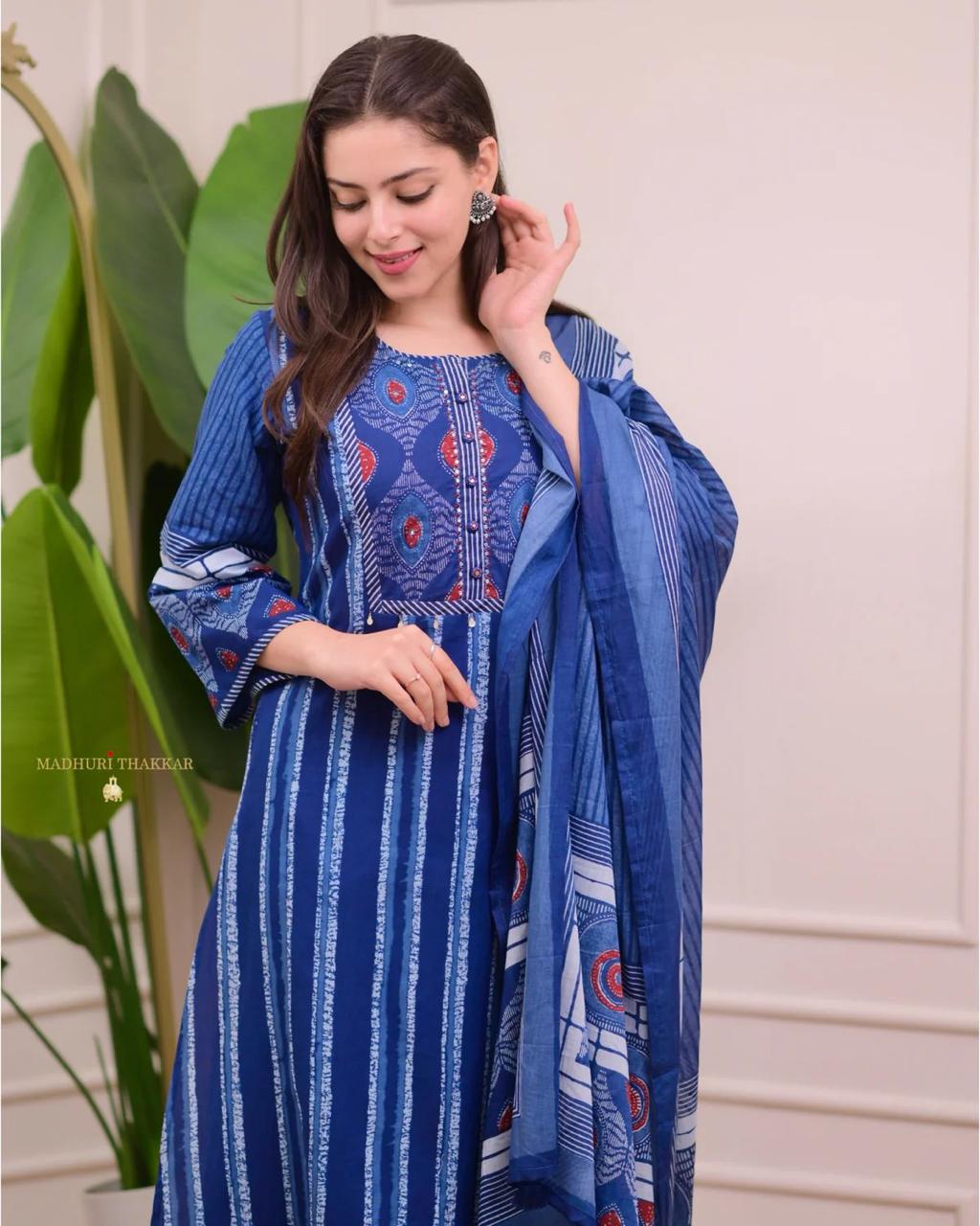 Blue and Red Block Printed Kurta Set