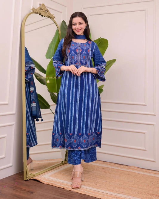 Blue and Red Block Printed Kurta Set