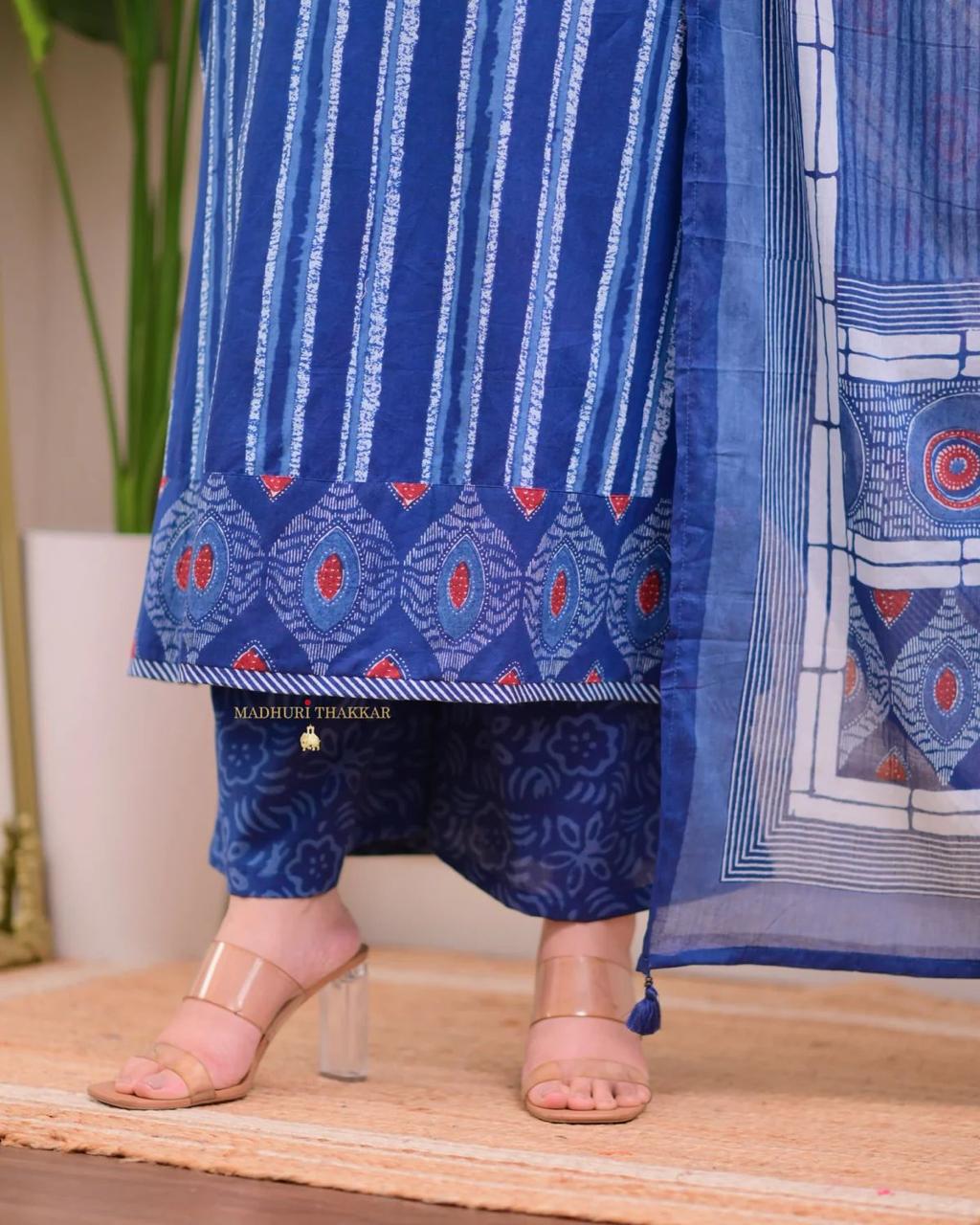 Blue and Red Block Printed Kurta Set
