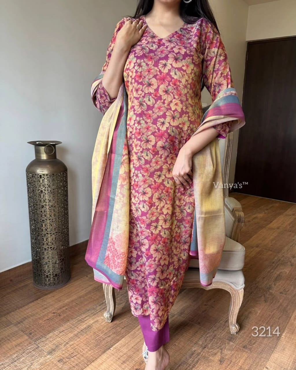 Printed Burgundy Kurta Set with Chanderi Dupatta