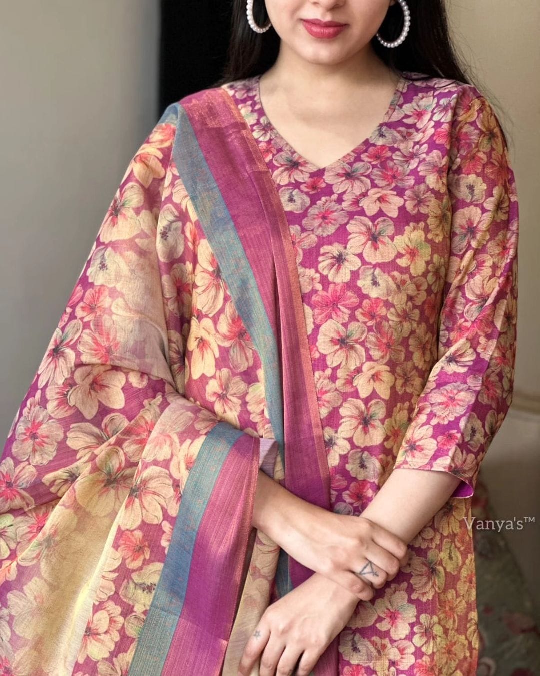 Printed Burgundy Kurta Set with Chanderi Dupatta
