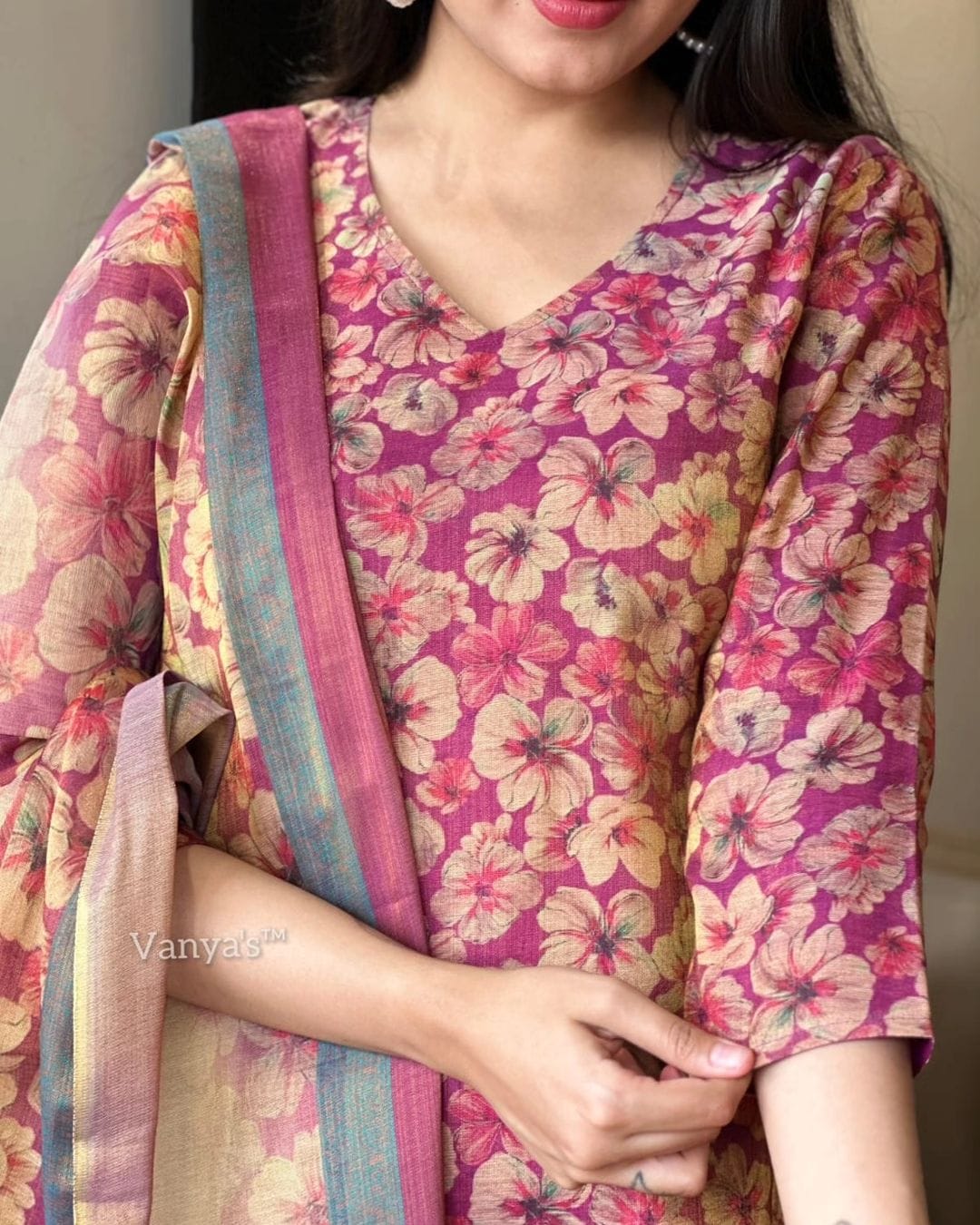 Printed Burgundy Kurta Set with Chanderi Dupatta
