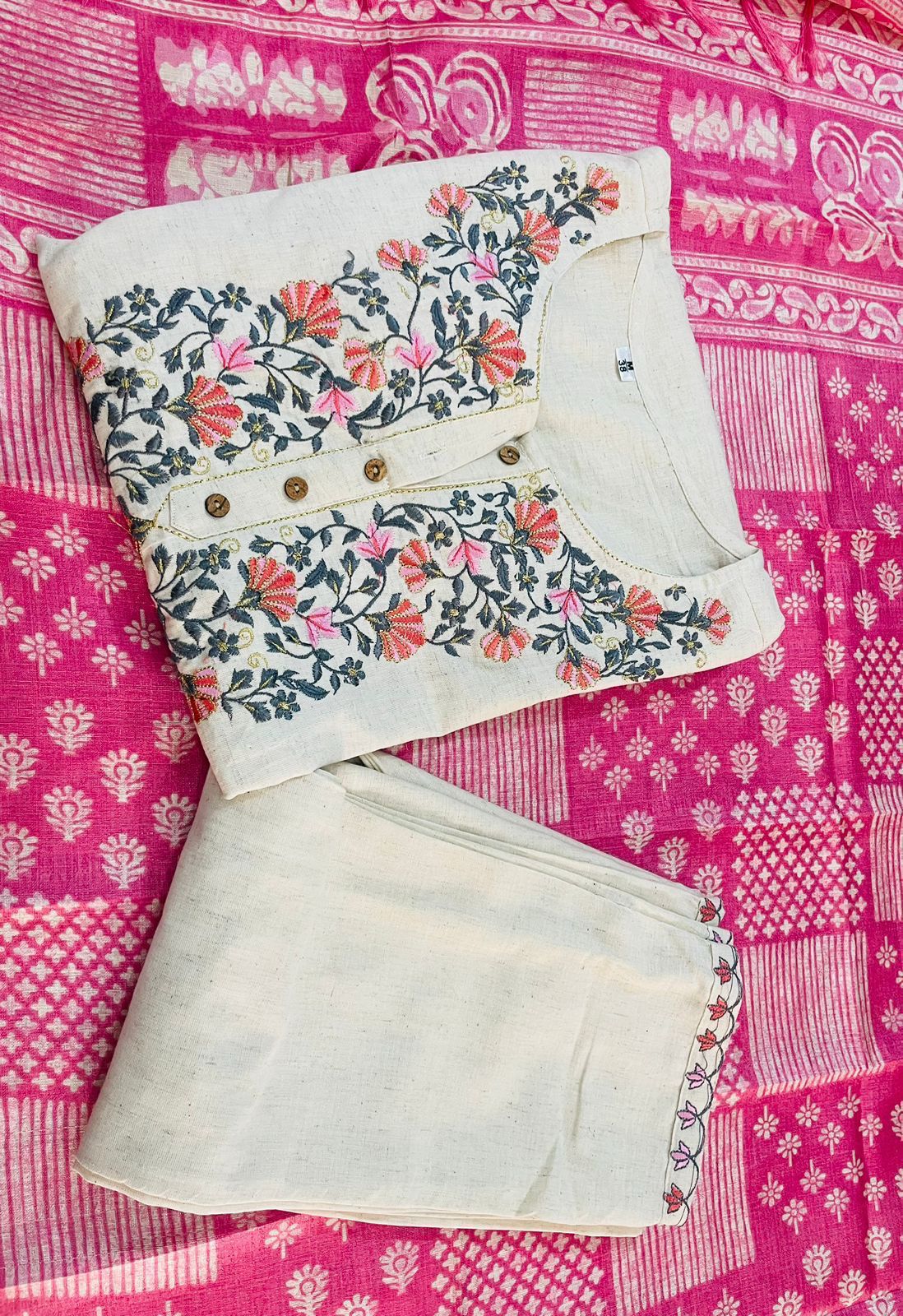 White and Pink Handloom Cotton Kurta Set