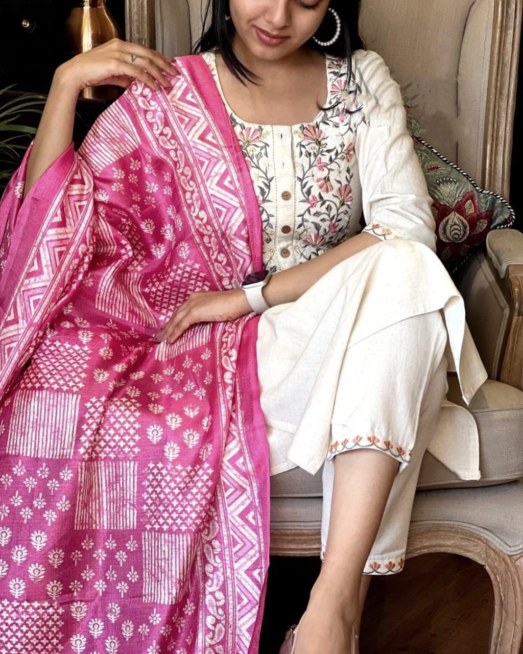 White and Pink Handloom Cotton Kurta Set