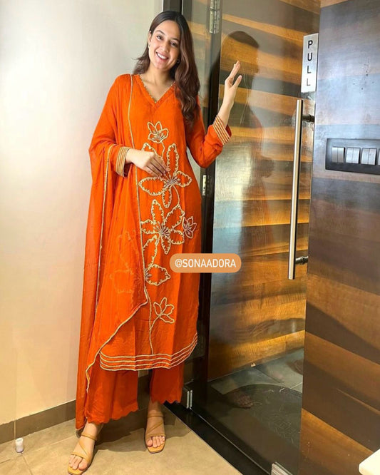Orange Sequin Embroidered Kurta Set