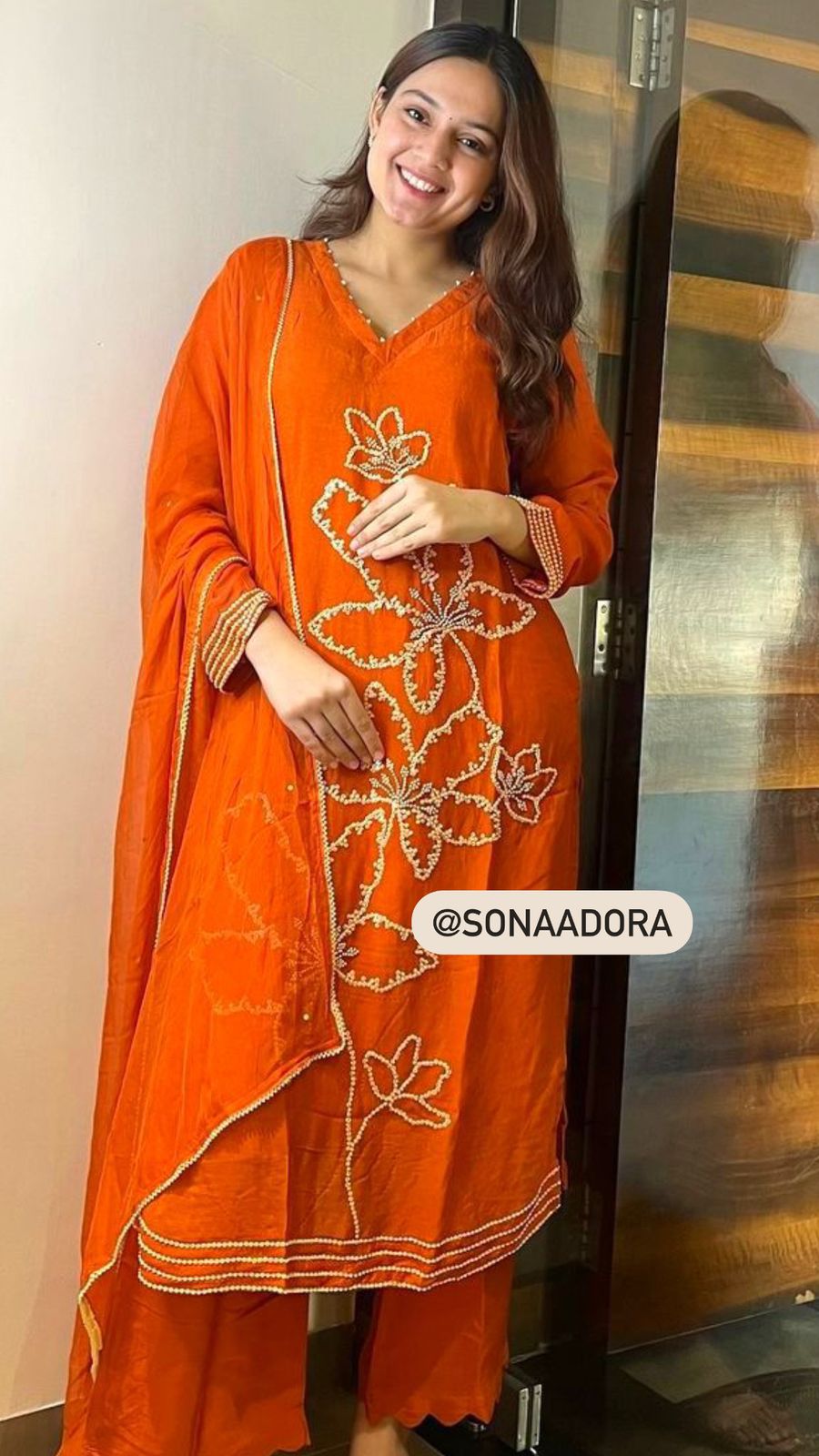 Orange Sequin Embroidered Kurta Set