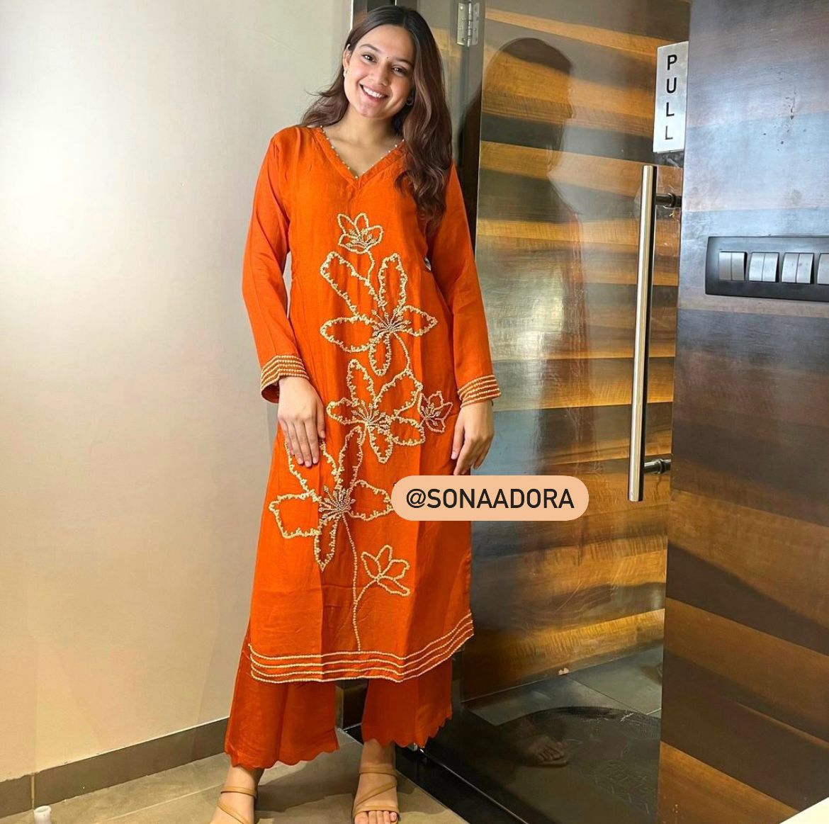 Orange Sequin Embroidered Kurta Set