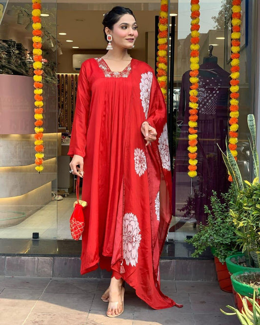 Red and White Embroidered Kurta Set