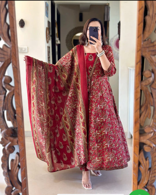 Red Printed Jacket Style kurta Set