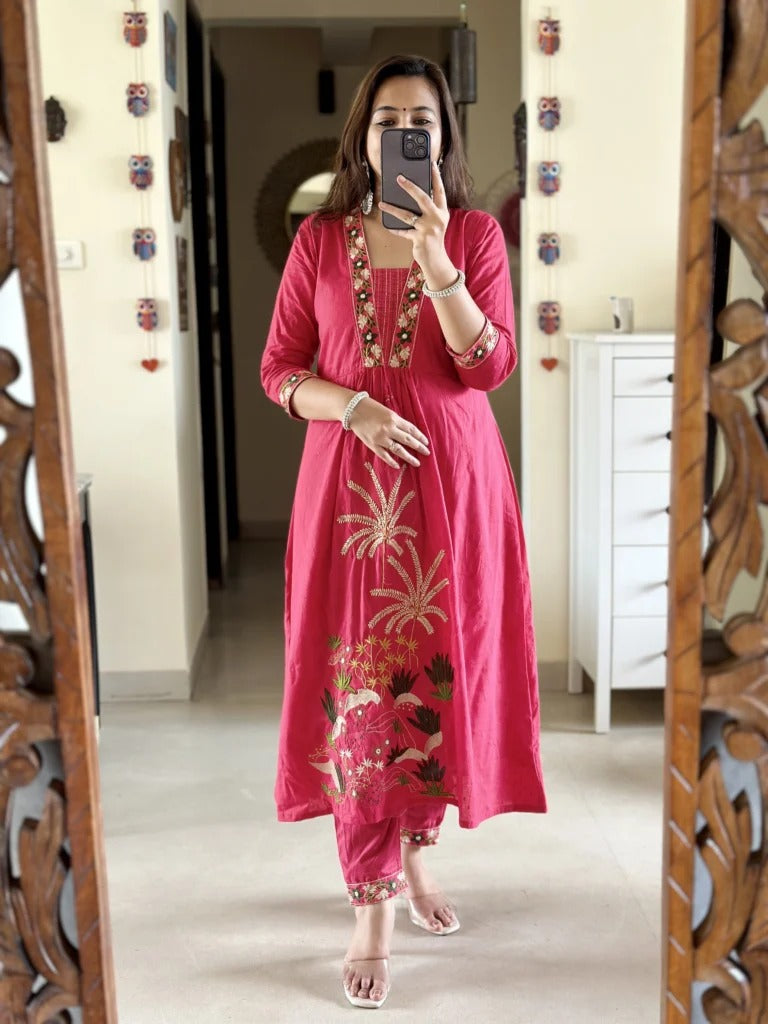 Pink Embroidered A Line Kurta Set