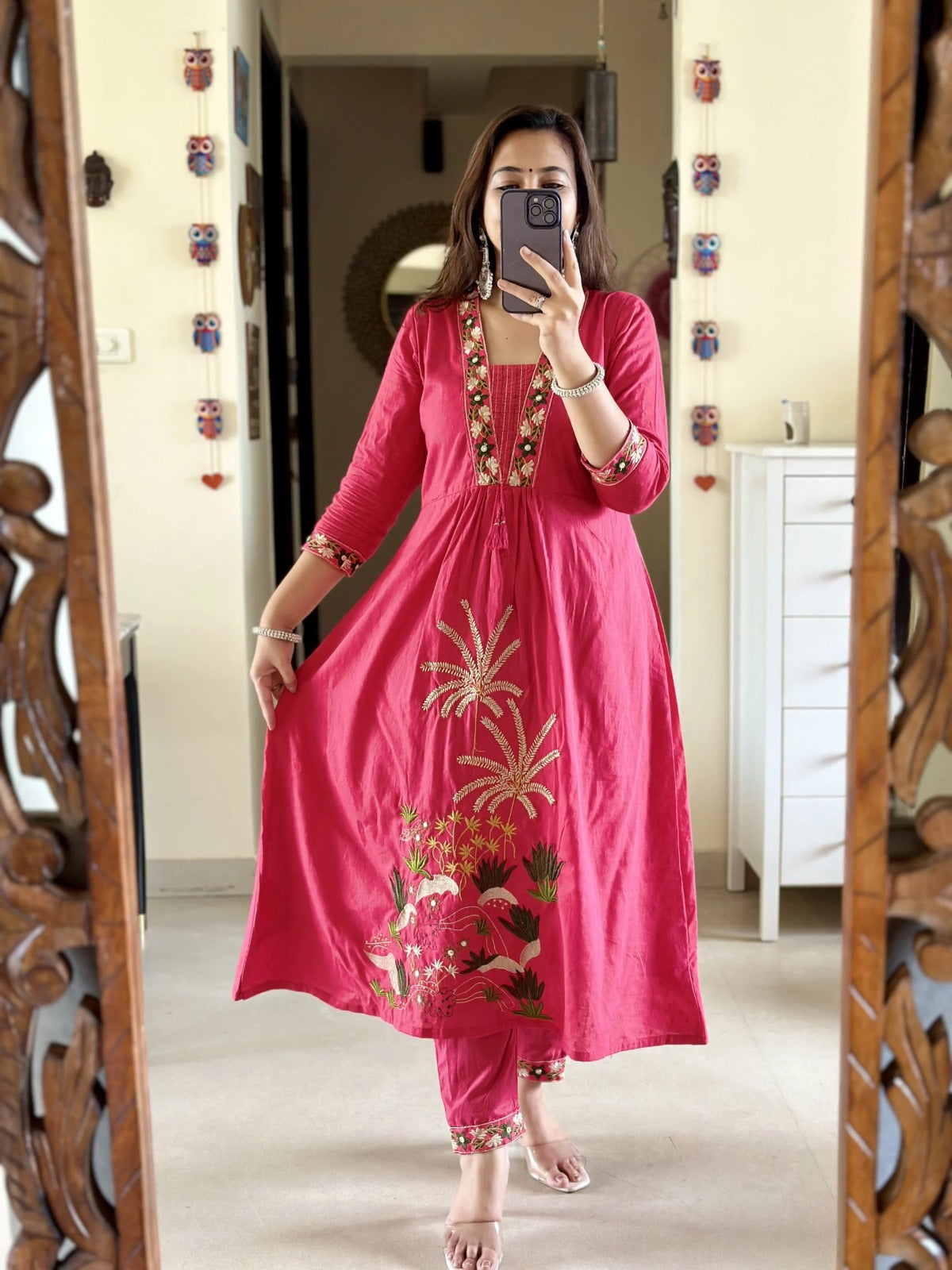 Pink Embroidered A Line Kurta Set