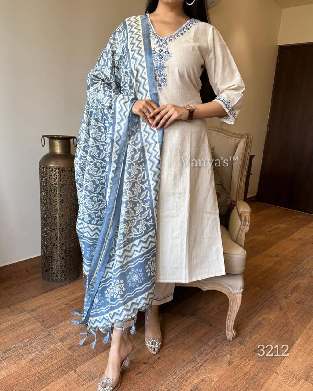 White Handloom Cotton Embroidered Kurta Set