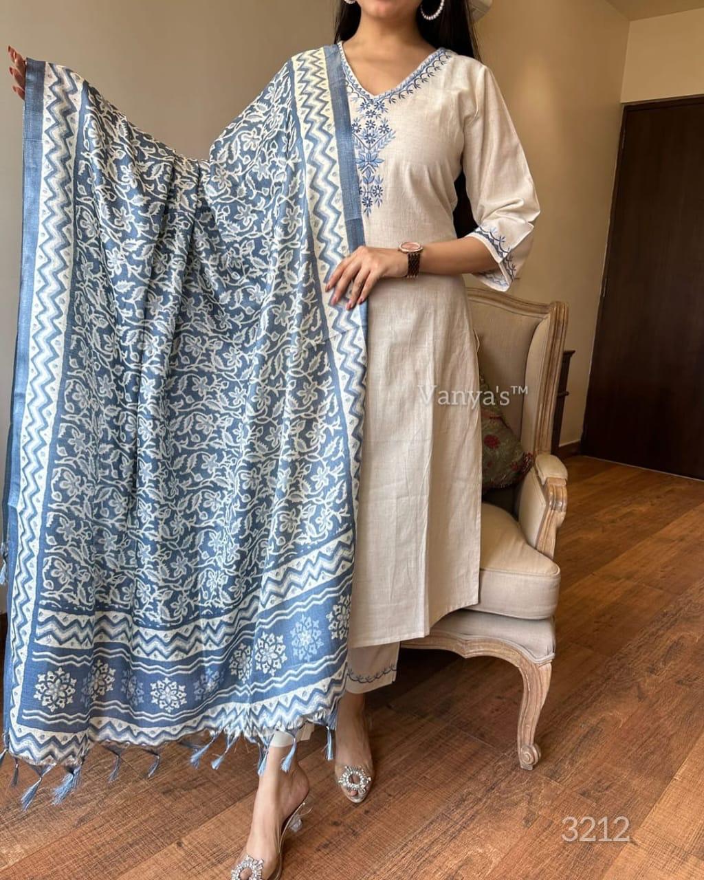 White Handloom Cotton Embroidered Kurta Set
