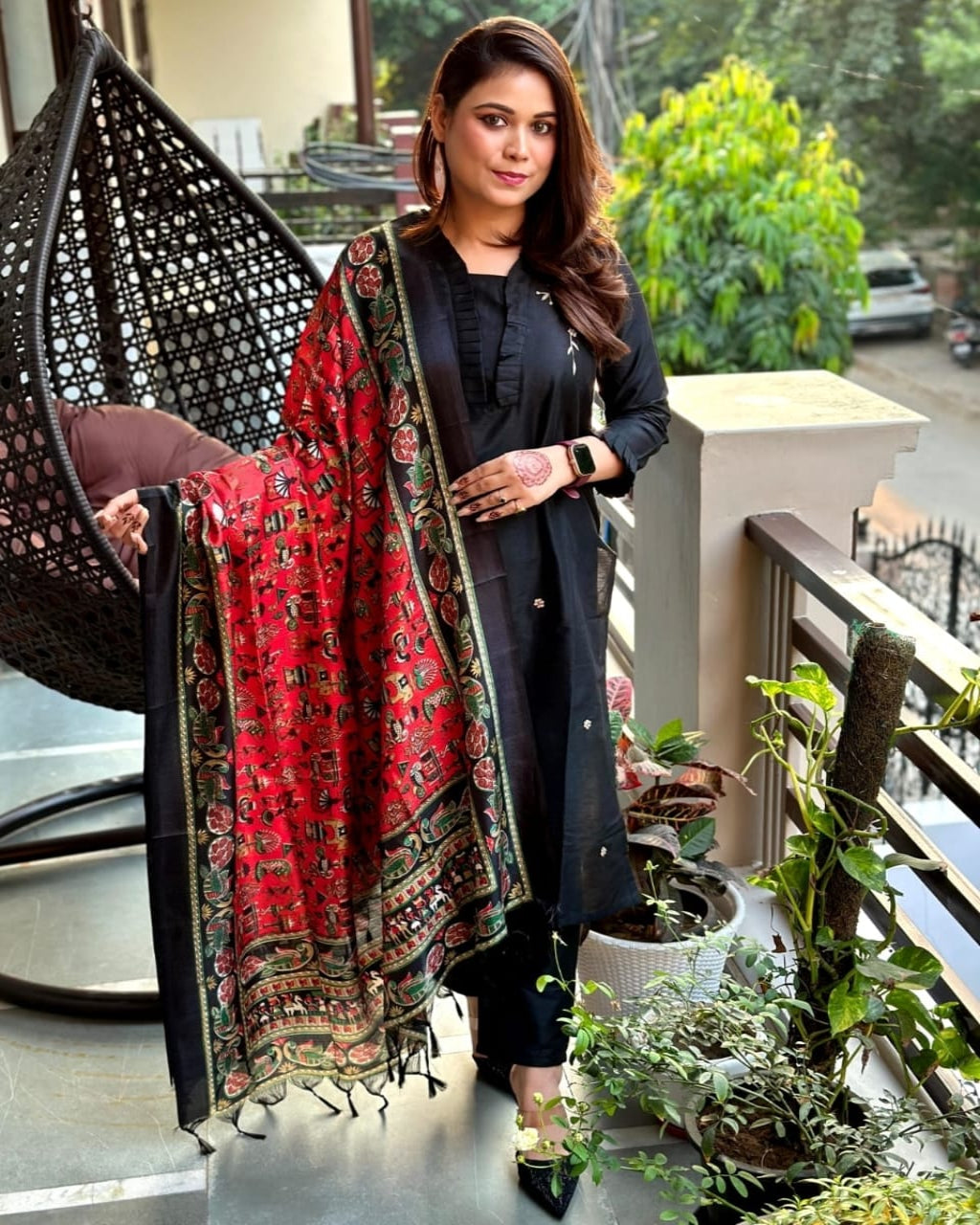 Black and Red Frill Yoke Kurta Set