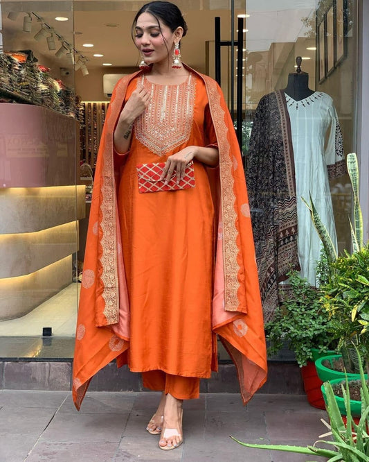 Orange Sequin Embroidered Kurta Set with Dupatta