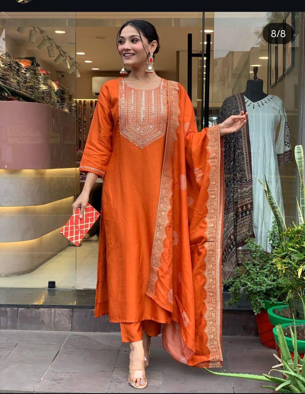 Orange Sequin Embroidered Kurta Set with Dupatta
