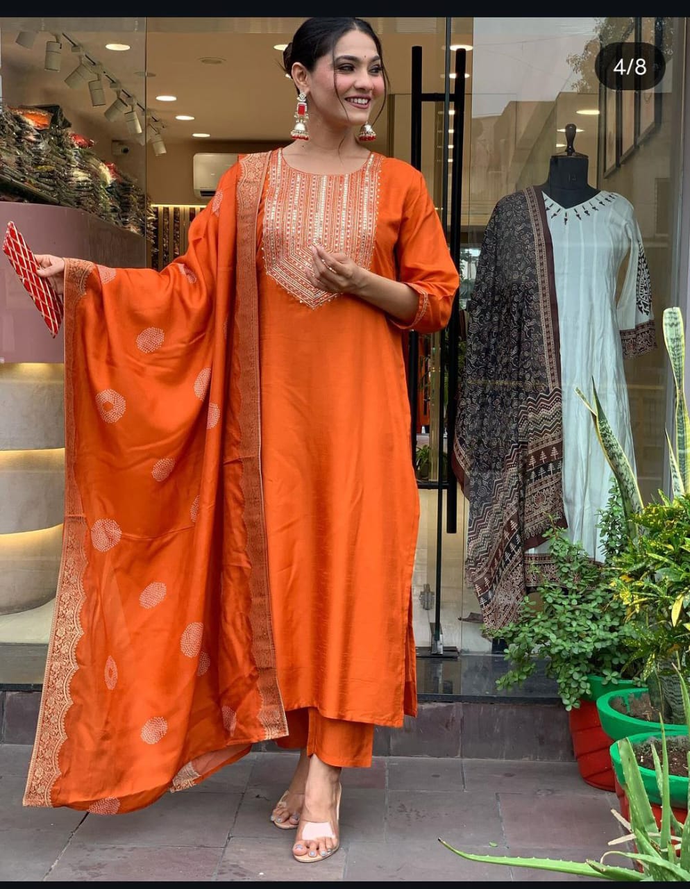Orange Sequin Embroidered Kurta Set with Dupatta