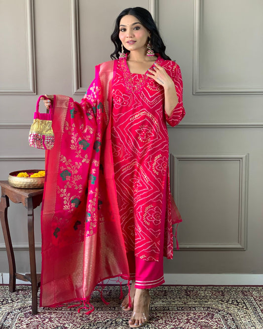 Bandhani Print Kurta set with Banarasi Dupatta