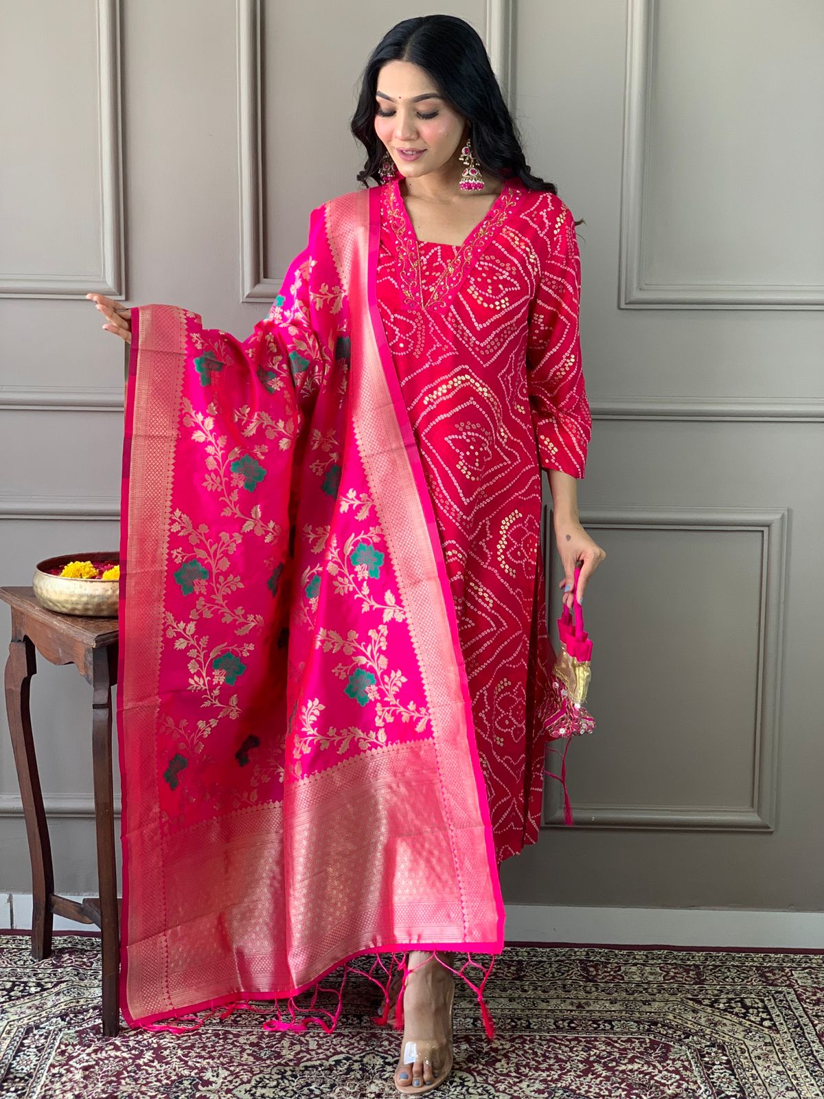 Bandhani Print Kurta set with Banarasi Dupatta