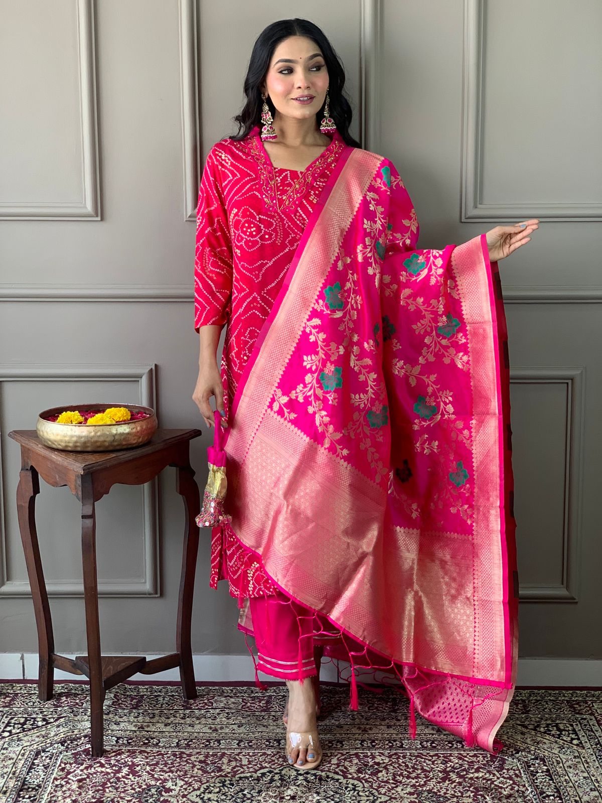 Bandhani Print Kurta set with Banarasi Dupatta