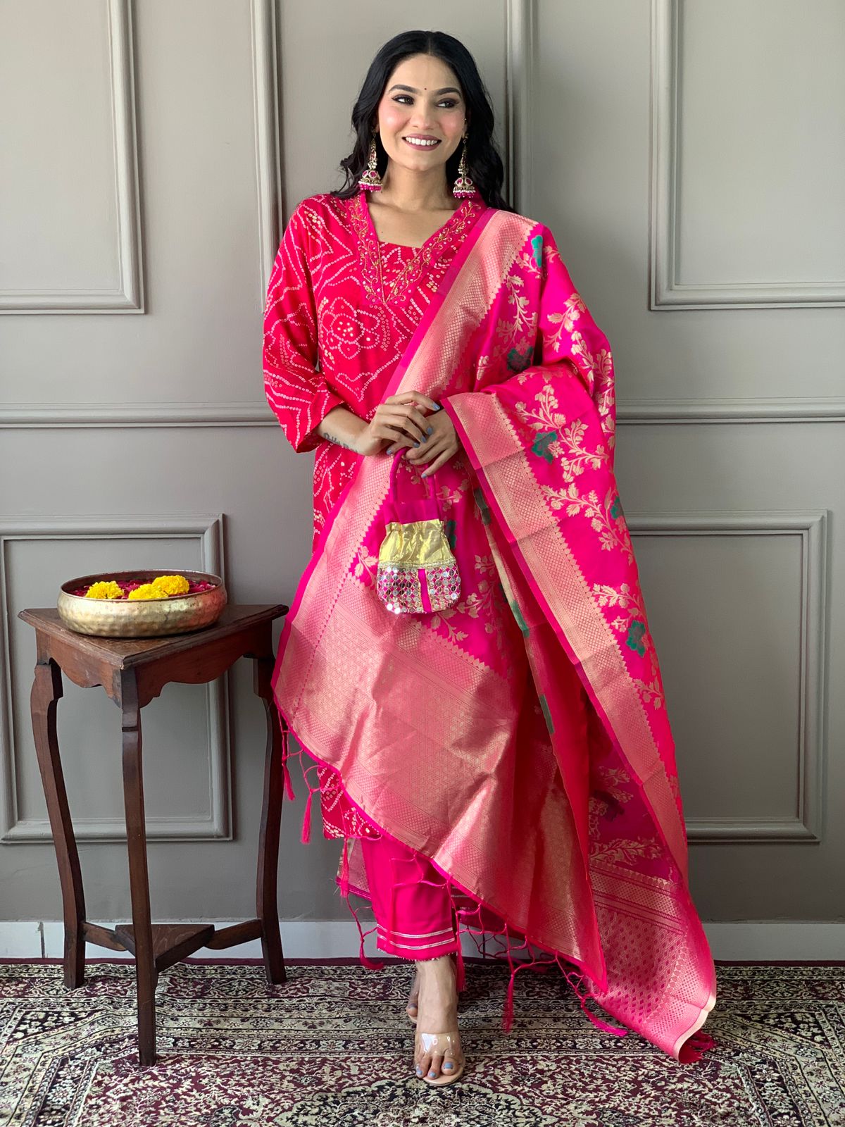 Bandhani Print Kurta set with Banarasi Dupatta