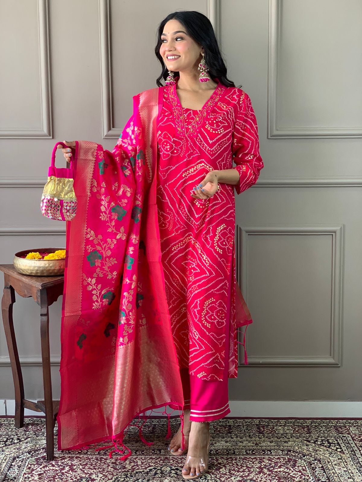 Bandhani Print Kurta set with Banarasi Dupatta