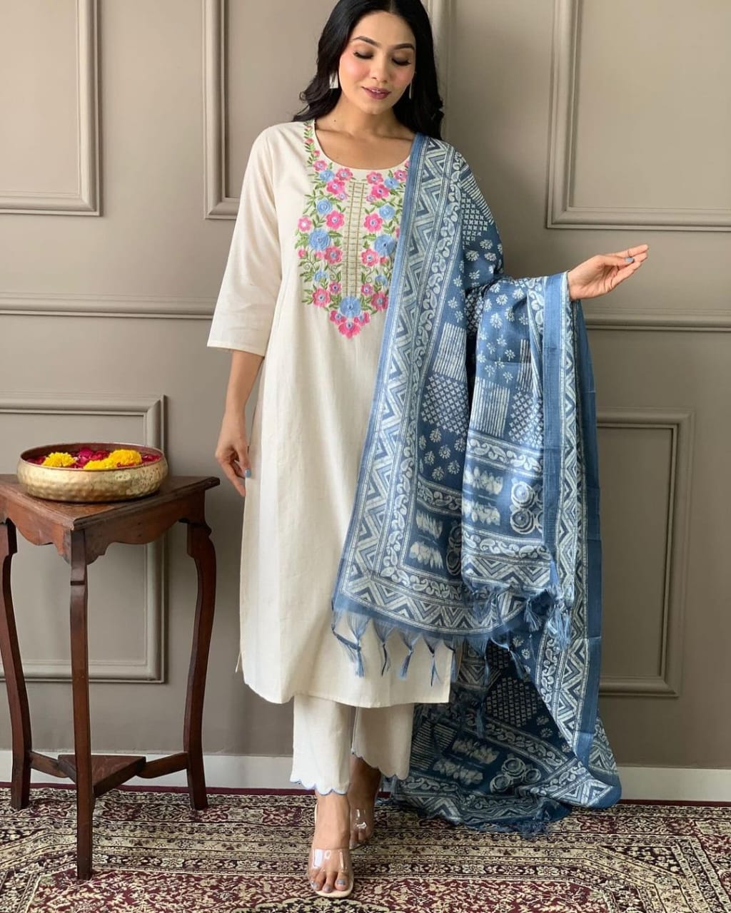 White Khadi Kashmiri Embroidery Style Kurta Set