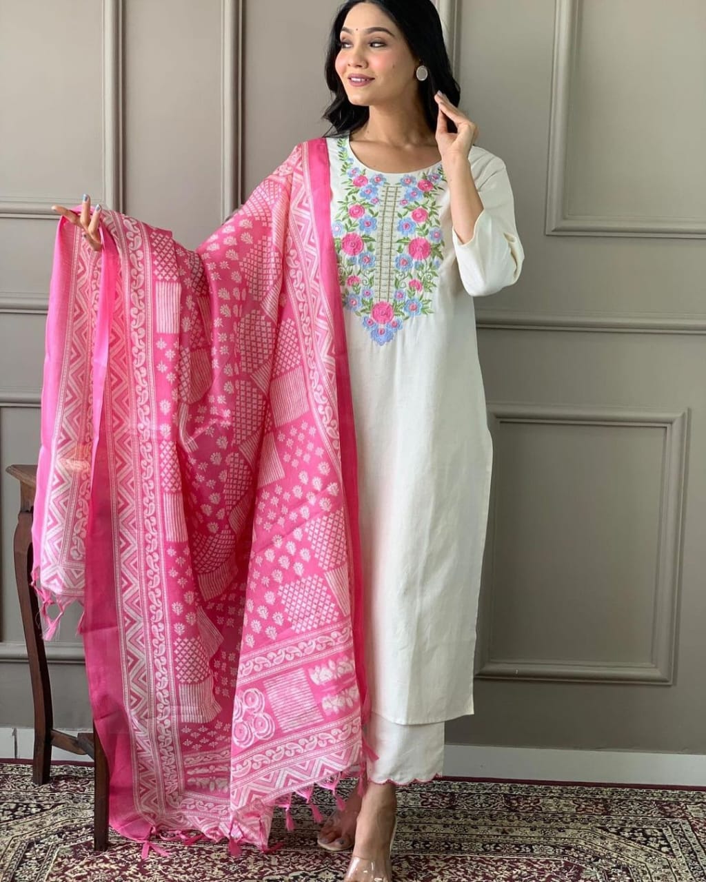White Khadi Kashmiri Embroidery Style Kurta Set