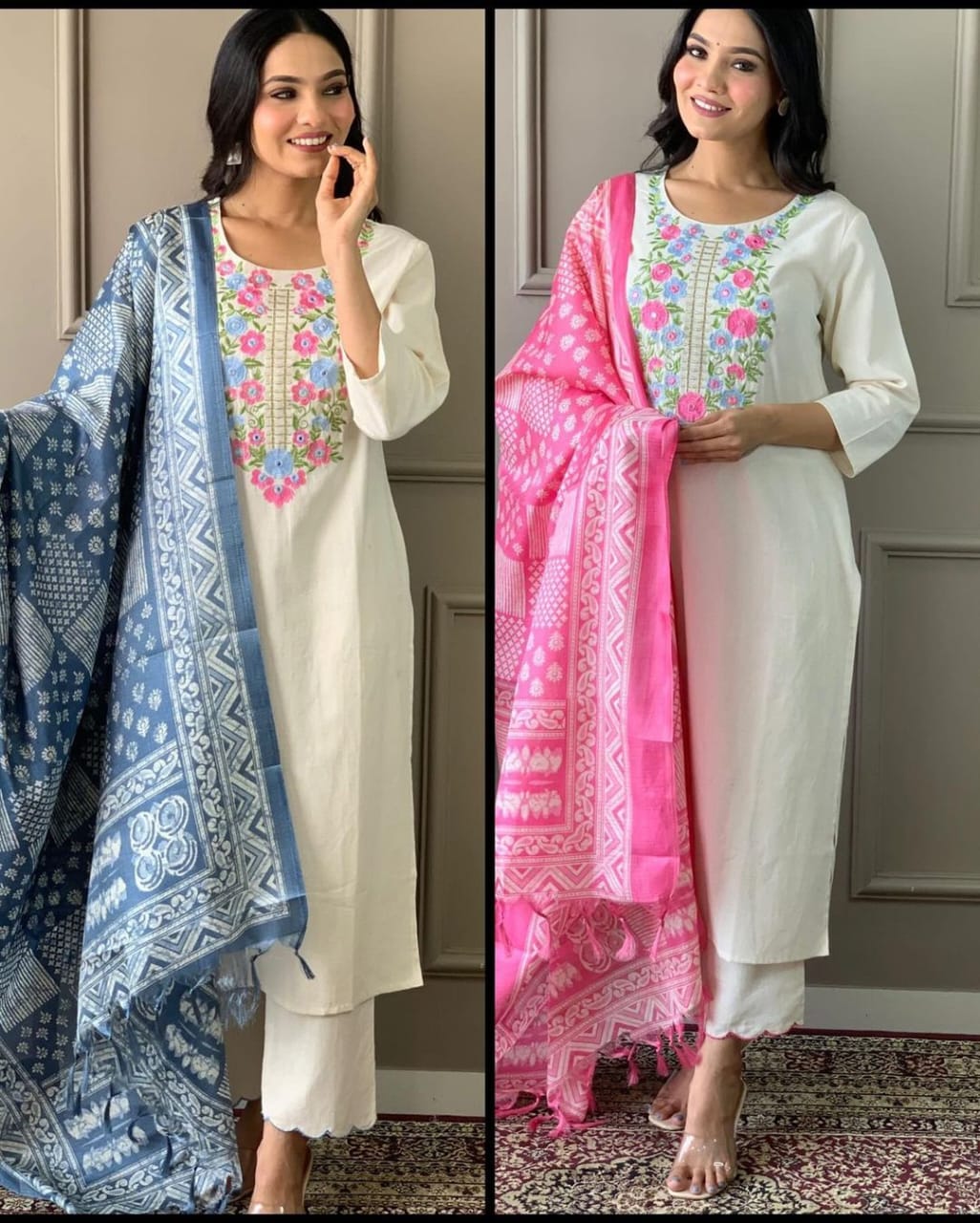 White Khadi Kashmiri Embroidery Style Kurta Set