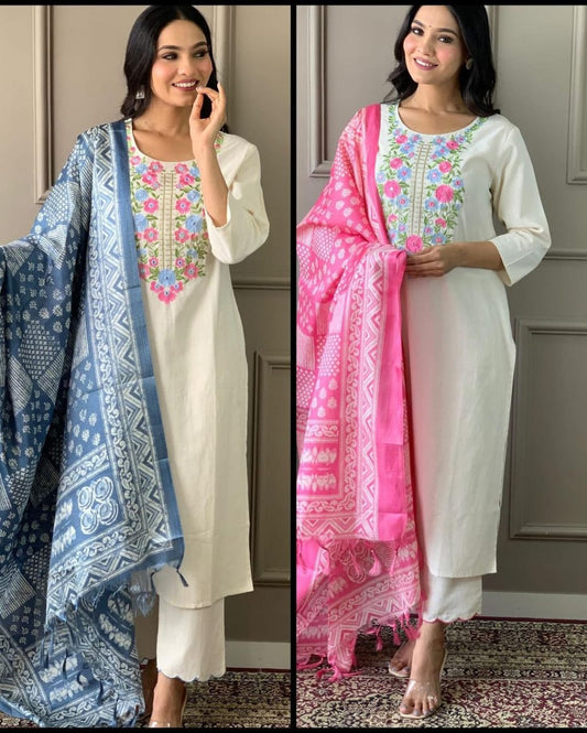 White Khadi Kashmiri Embroidery Style Kurta Set