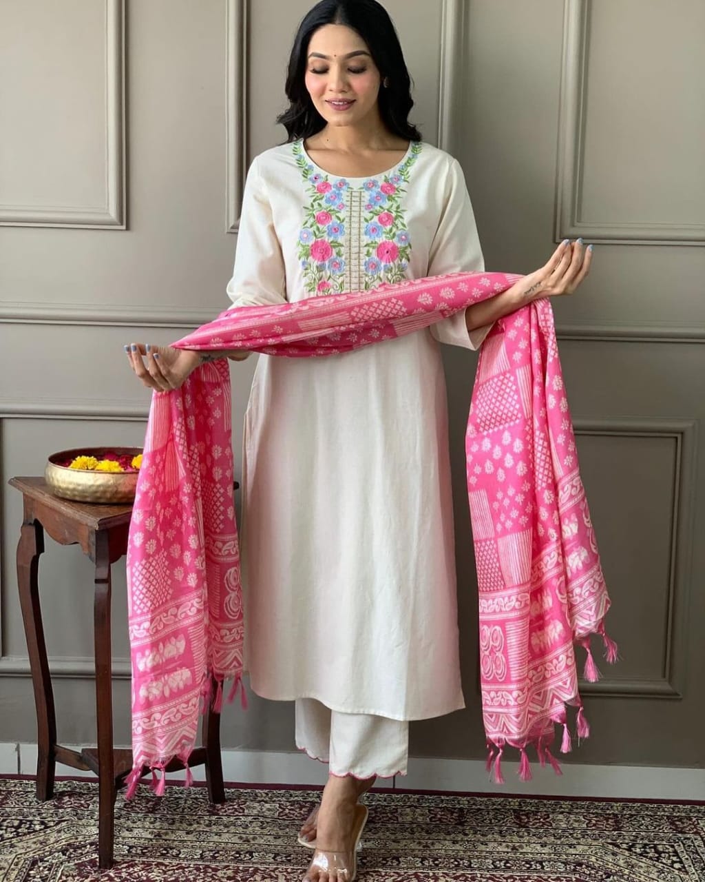 White Khadi Kashmiri Embroidery Style Kurta Set