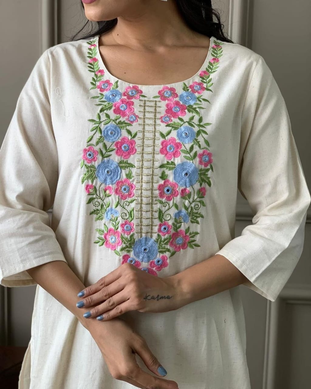 White Khadi Kashmiri Embroidery Style Kurta Set