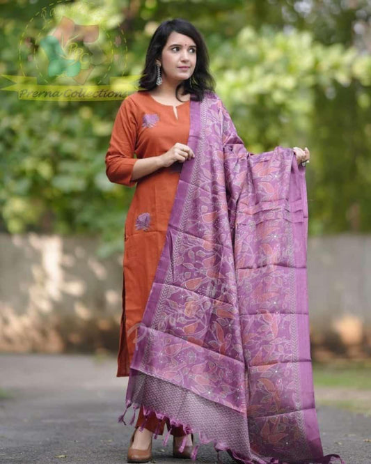 Rust Orange Khadi Embroidered Kurta Set