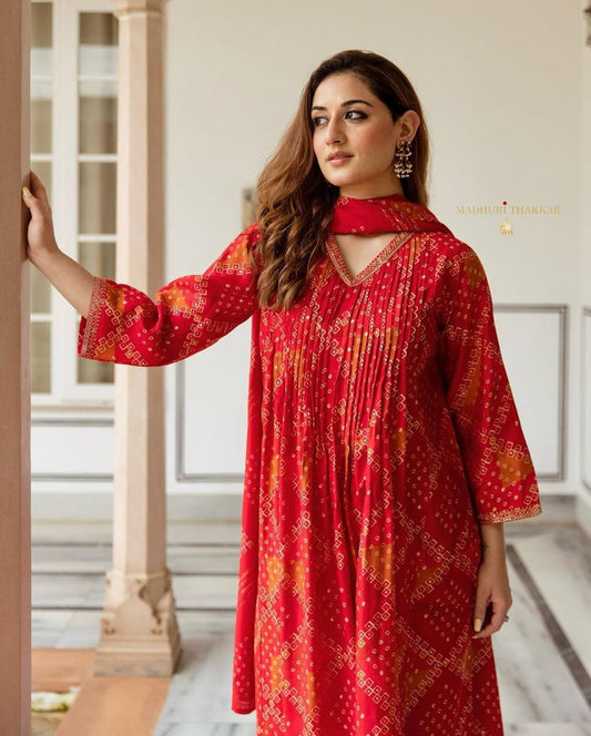 Red Pintucks Kurta Set with Dupatta