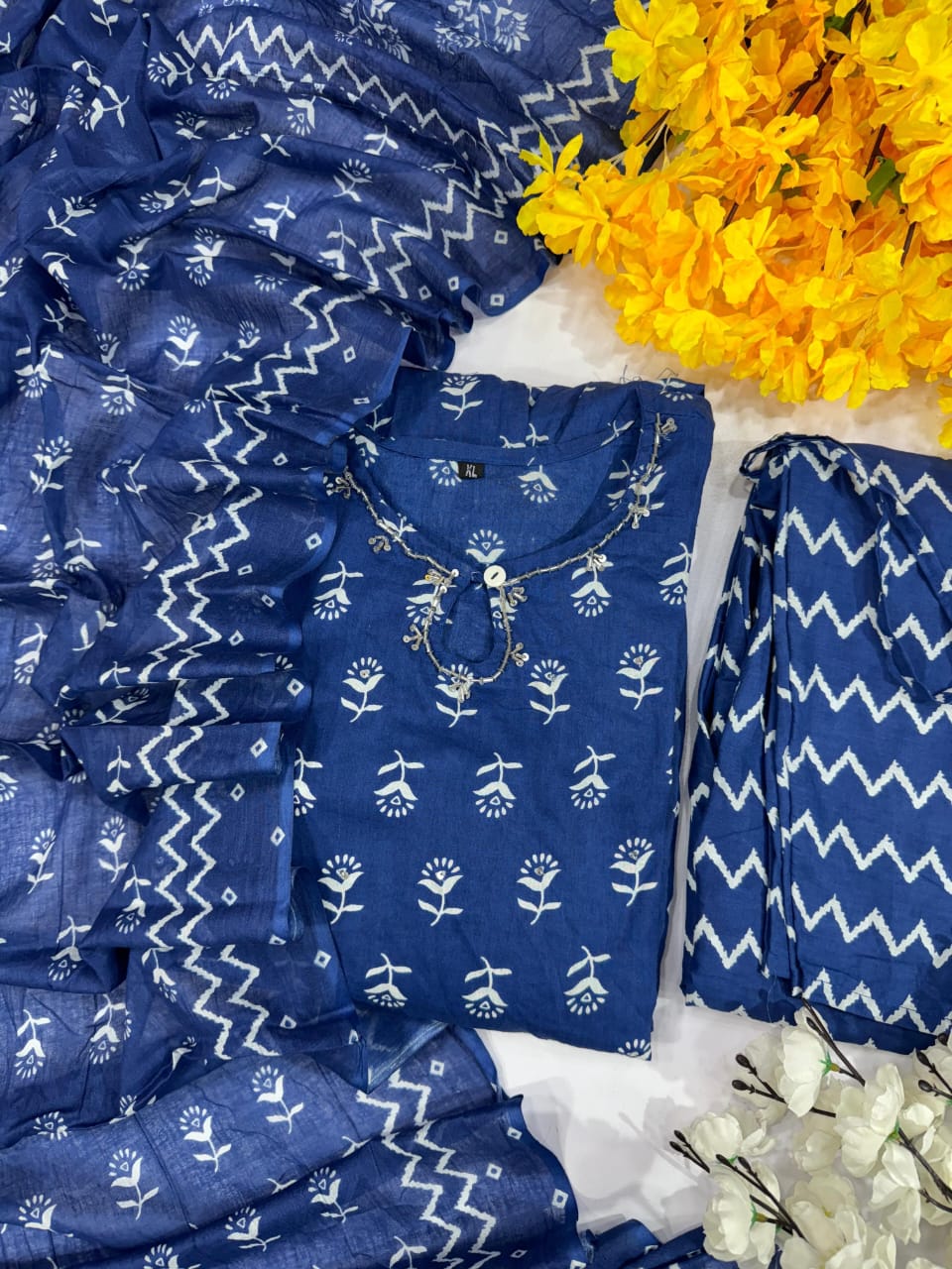 Blue Cotton Anarkali Kurta Set