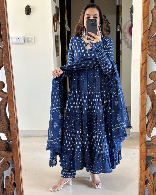 Blue Cotton Anarkali Kurta Set