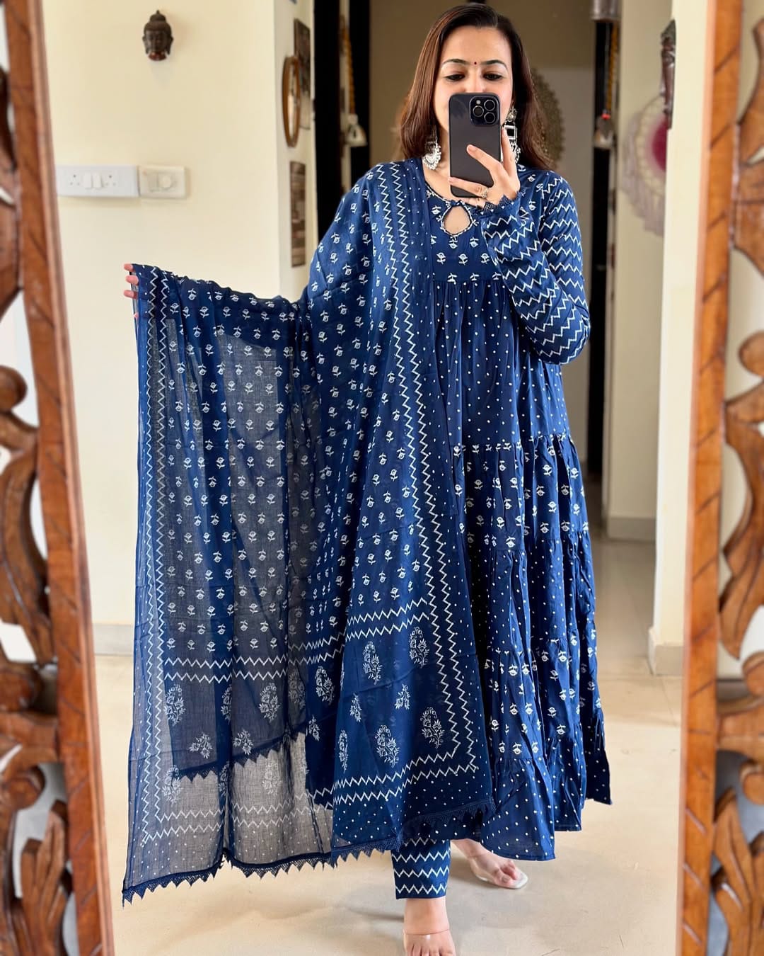 Blue Cotton Anarkali Kurta Set