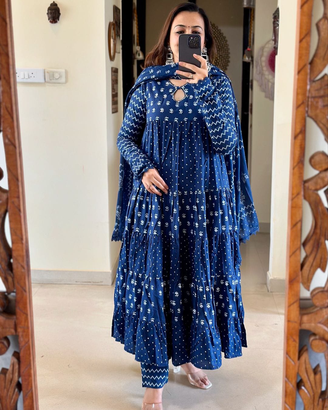 Blue Cotton Anarkali Kurta Set