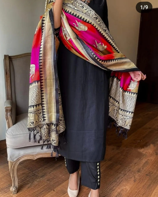 Black Handloom Cotton Kurta Set