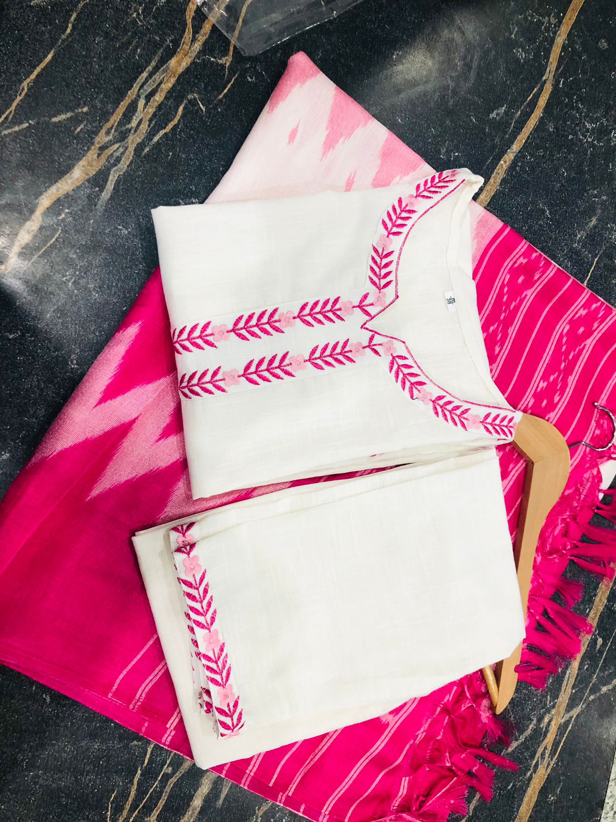 White and Pink Embroidered Khadi Cotton Kurta Set