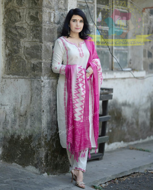 White and Pink Embroidered Khadi Cotton Kurta Set