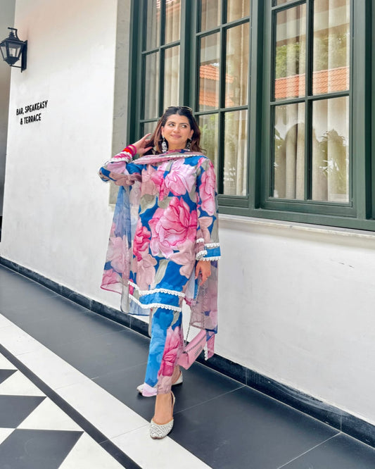 Mulmul Cotton Kurta Set with Georgette Dupatta