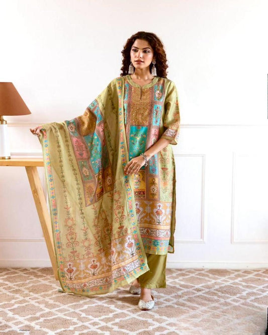 Green Kantha Patchwork Style Pure Cotton Kurta Set