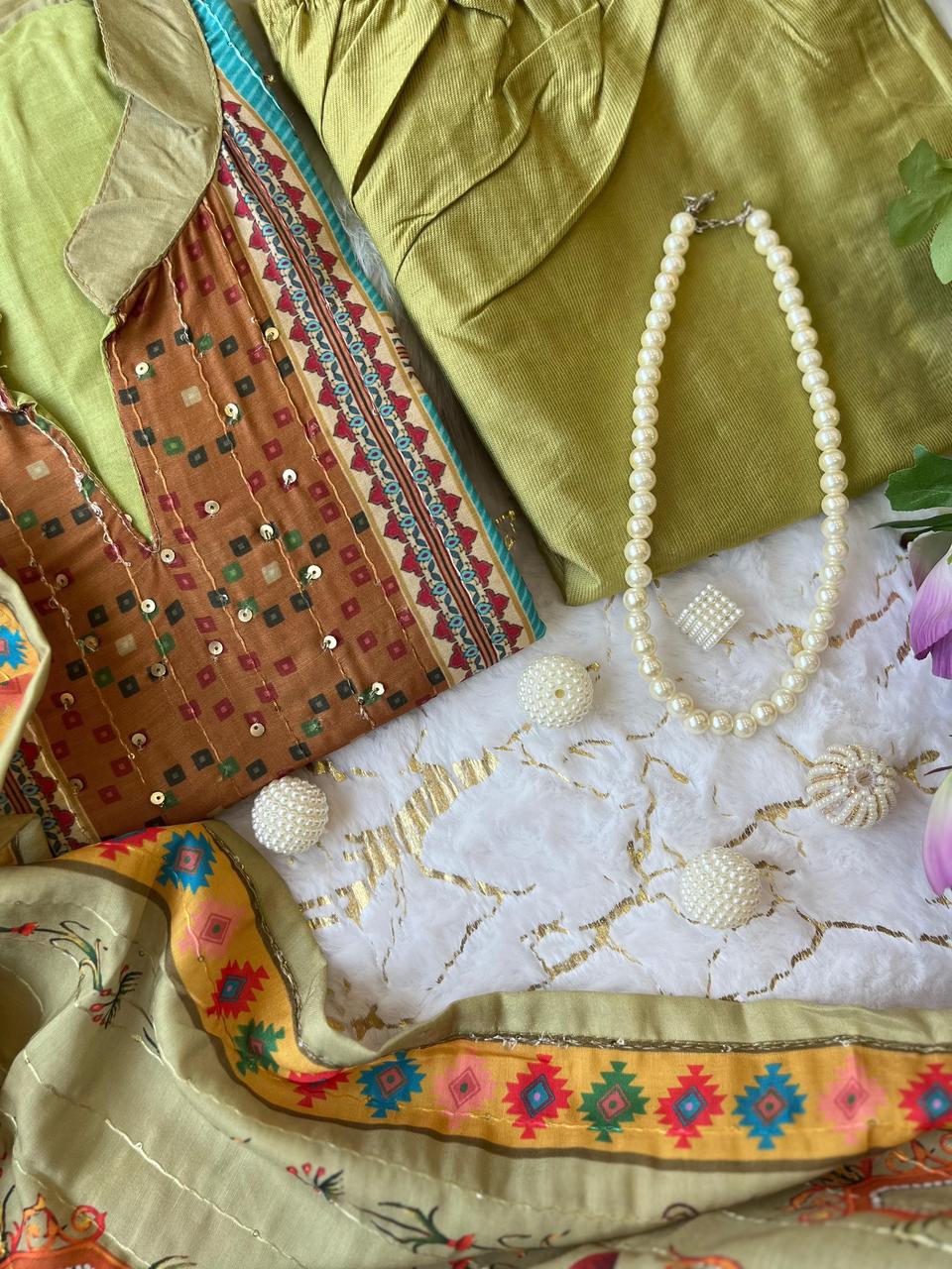 Green Kantha Patchwork Style Pure Cotton Kurta Set