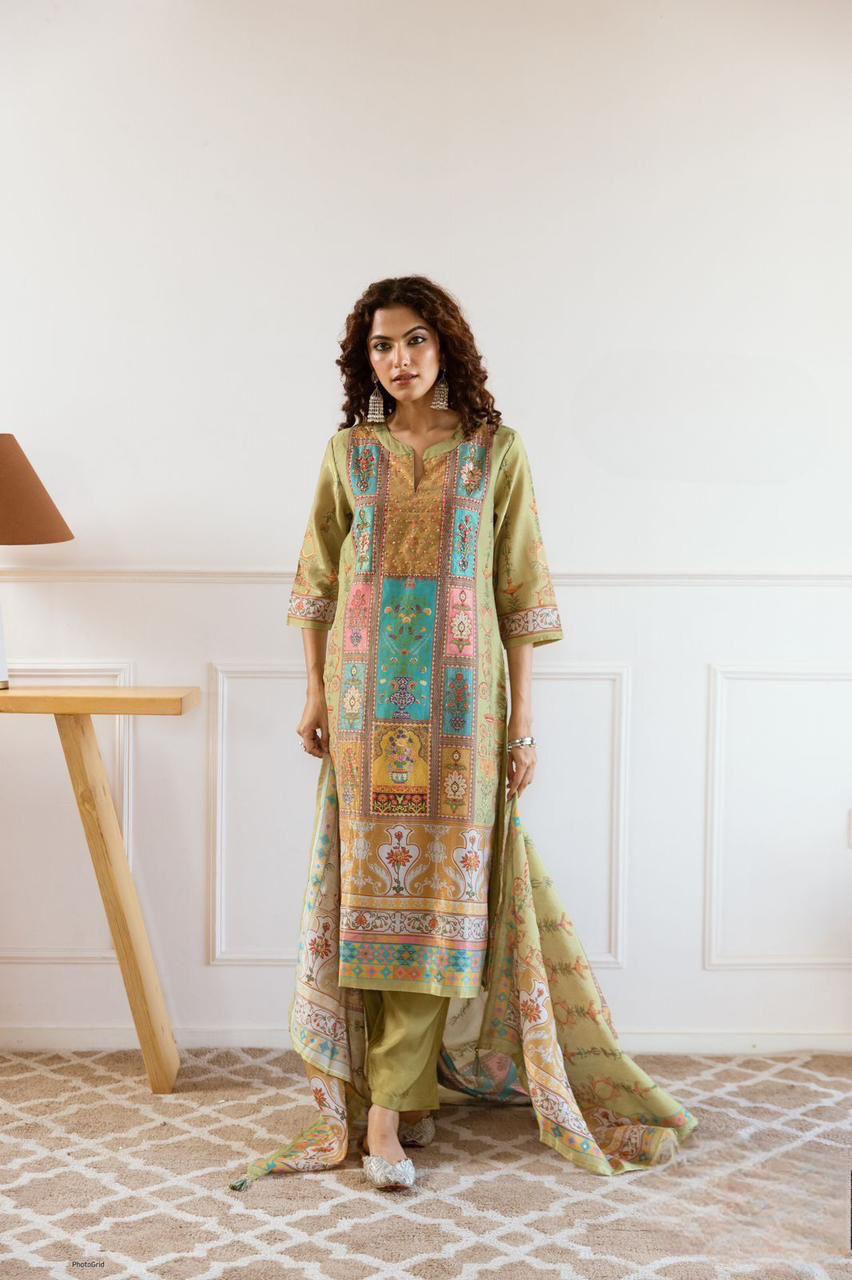Green Kantha Patchwork Style Pure Cotton Kurta Set