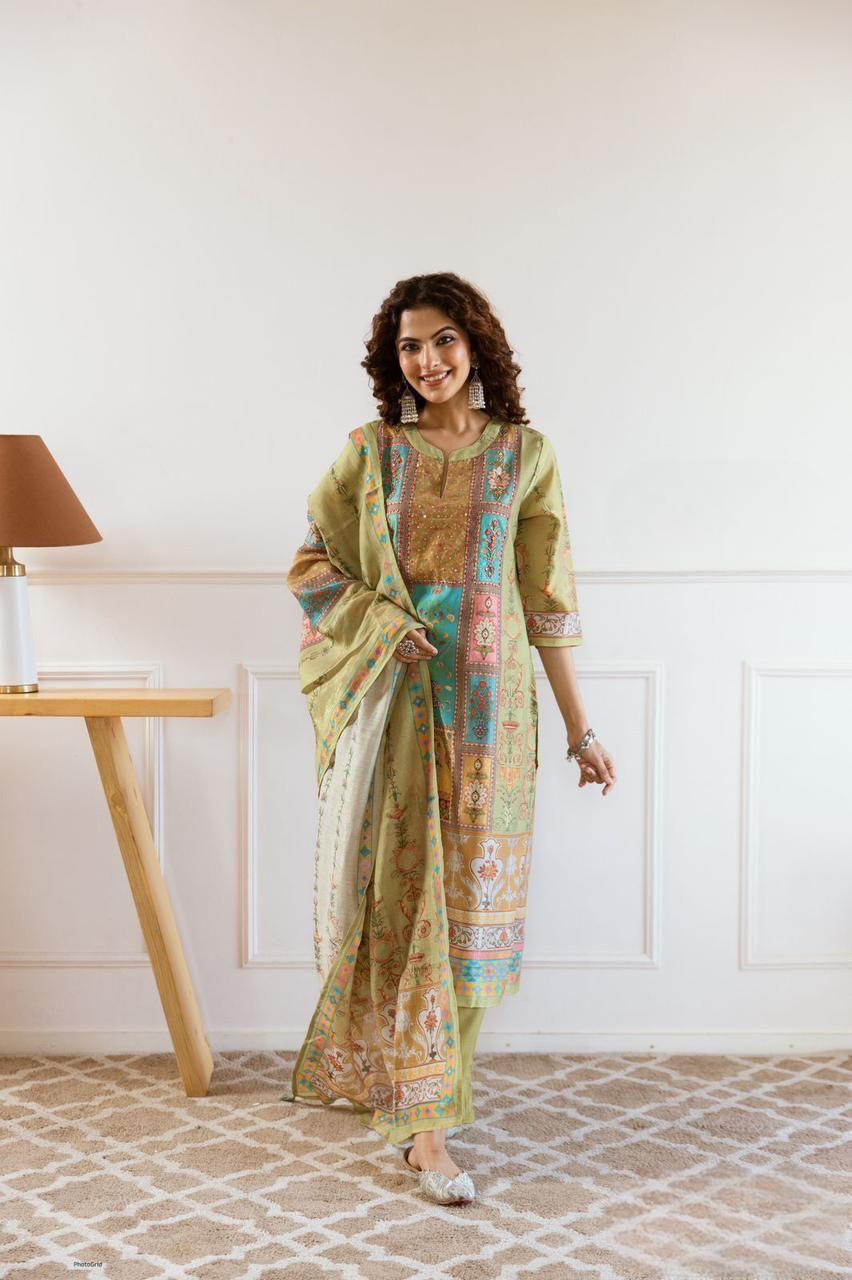 Green Kantha Patchwork Style Pure Cotton Kurta Set