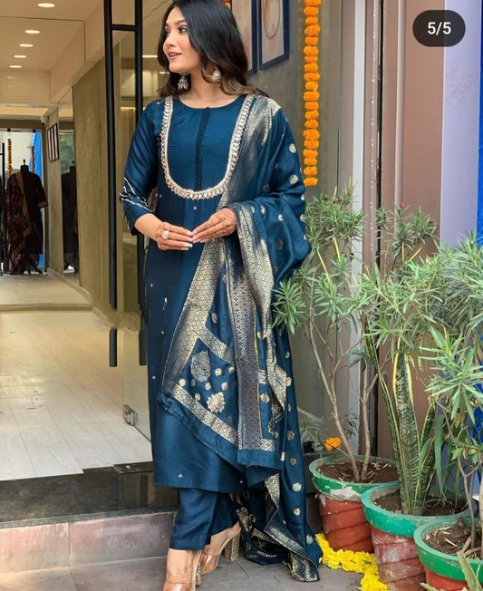 Roman Silk Sequin Embroidery Kurta Set