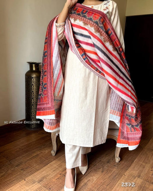 White and Red Khadi Cotton Kurta Set