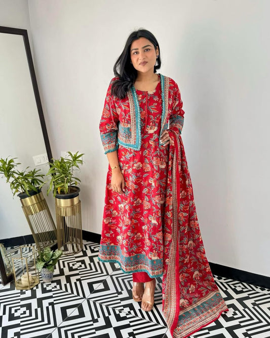 Red Printed Kurta Set with Jacket